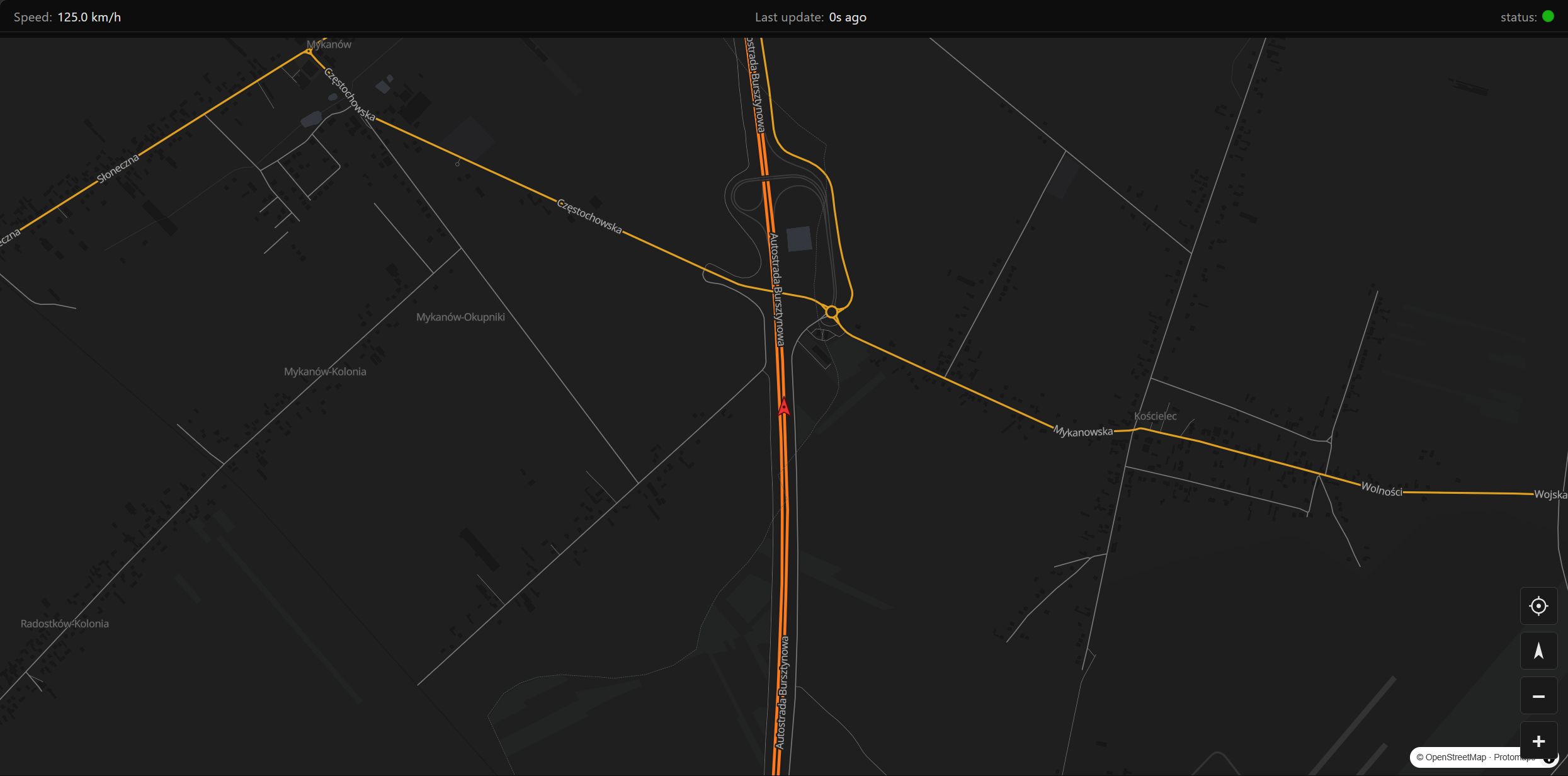 Browser viewer showing live position on a self-hosted map
