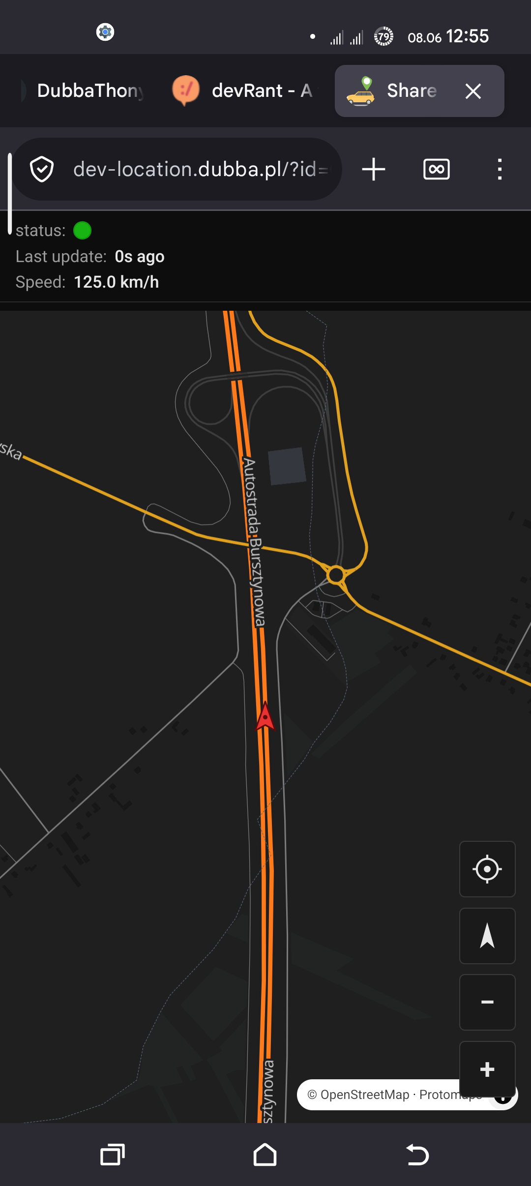 Android sender app showing the same position